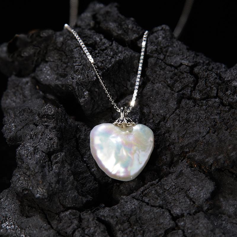 S925 Sterling Silver Inlaid With Natural Baroque Pearl Necklace Women'S Simple Fashion Heart-Shaped Love Pendant Earrings