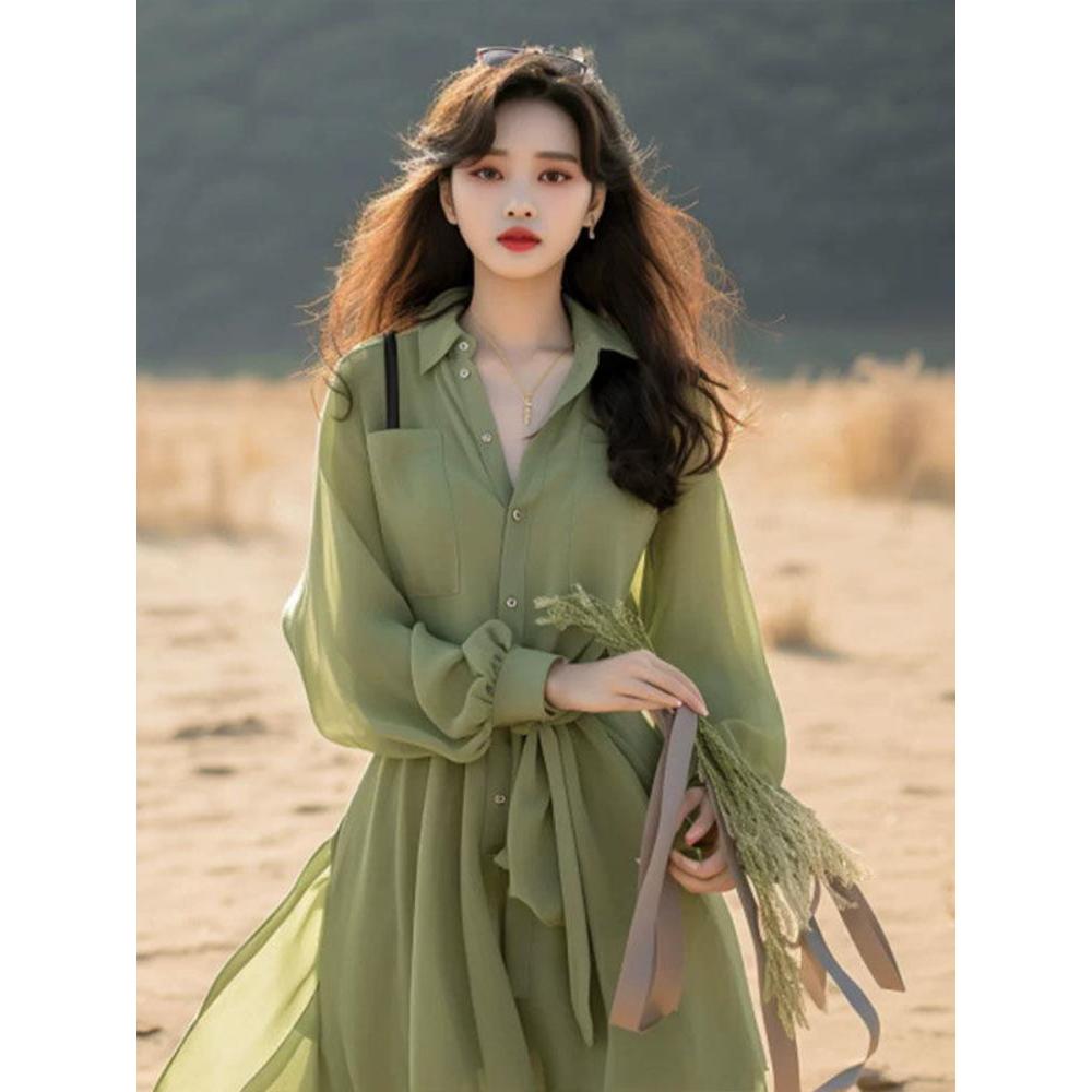 

Элегантное и Достойное Ощущение Драпировки Зеленое Платье-Рубашка с Длинным Рукавом Женский Осенний Наряд Новые Раннеосенние Французские Длинные Платья XL зелёный