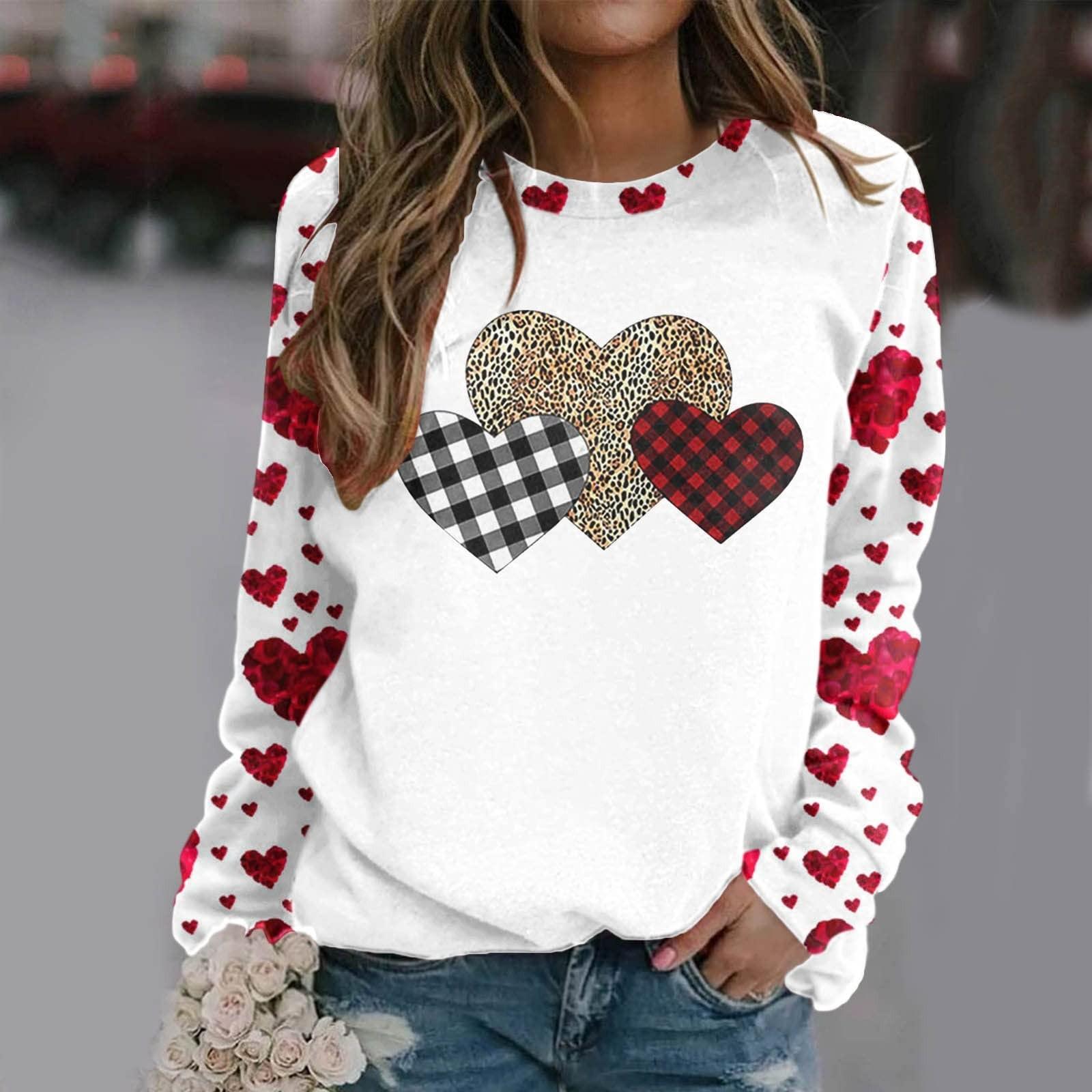 

Женский повседневный пуловер с круглым вырезом и длинными рукавами, футболка с принтом ко Дню святого Валентина, топ XL белый