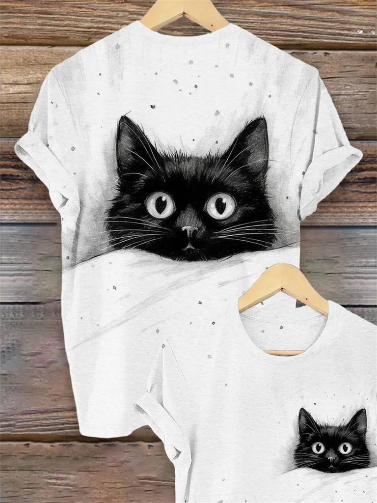 Letní Kreslený Roztomilý Kočka Dámské Tričko Kočka Krátký Rukáv Móda 3D Potisk Oversized Dámské Oblečení Tričko Ženy Denní Ležérní Top