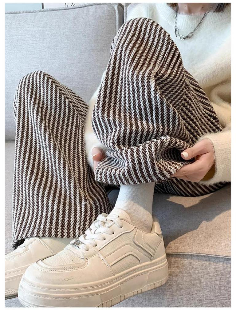 American Retro Pinstripe Woolen Petite Wide-Leg Pants - Casual Straight-Leg Streetwear 145cm