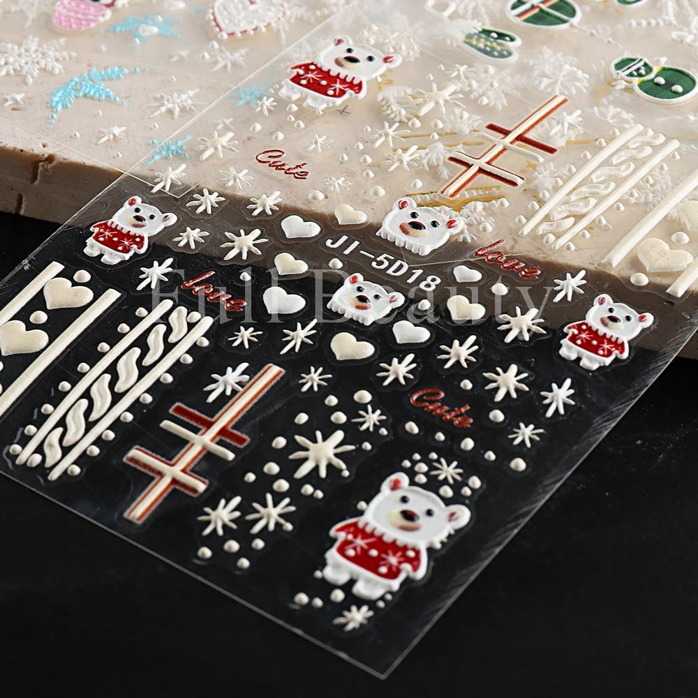 5D Christmas Embossed Nail Stickers White Snowflakes Sliders For Nails Cute Cartoon Bear Gloves Sweater Design Decals