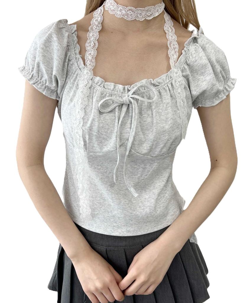 WEGO PHILLY Short Sleeve Mini Puff Sleeves with Summer Size Gray T-Shirt, Ribbon, Women's Top, F,