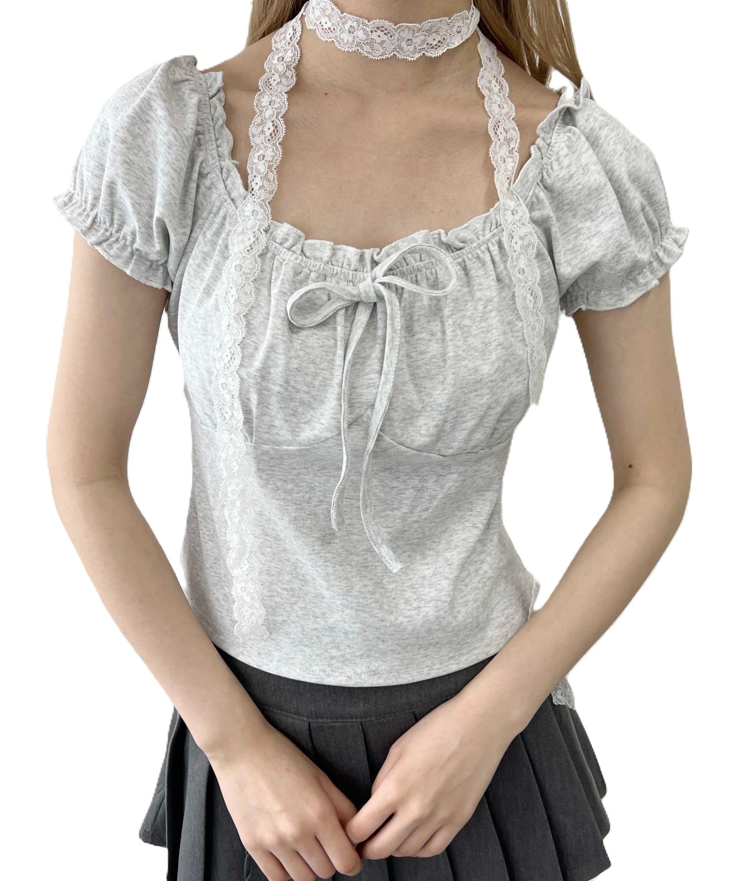 

WEGO PHILLY Футболка с короткими рукавами-фонариками, летний размер, серая, лента, женский топ, F, серый