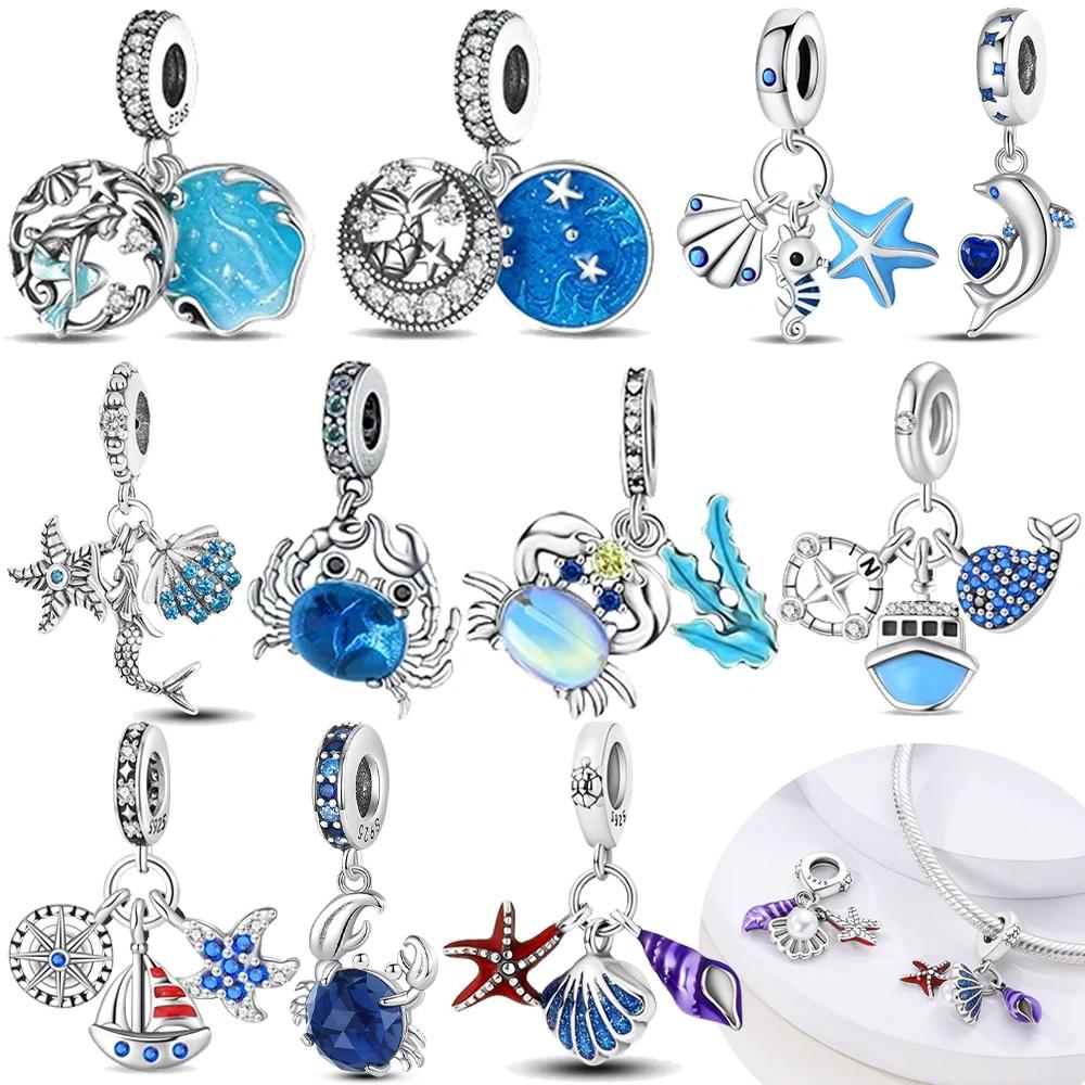 Original Charms Copper Blue Marine Animals Crabs Shells Dolphins Beads Fit Bracelet Women Jewelry Making Diy Gift
