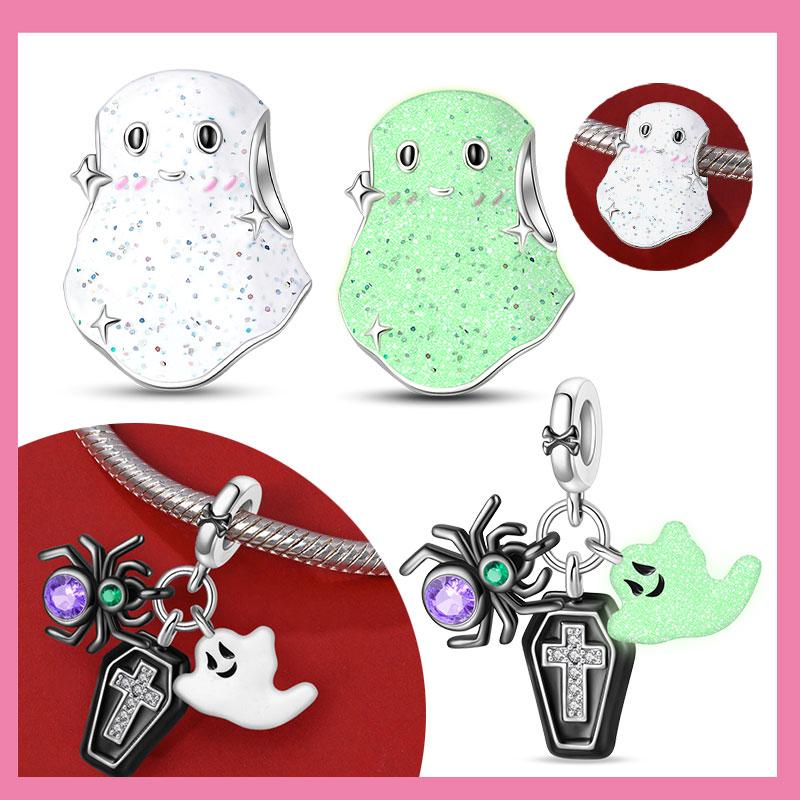 Copper Halloween Luminous Ghost Charm Pendant Beads Fit Original Bracelet For Women Valentine Day Jewelry Gifts