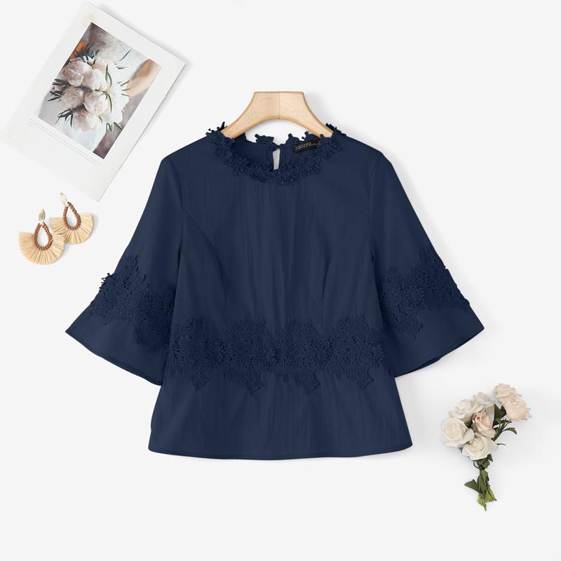 

ZANZEA Women Casual Round Neck 3/4 Sleeve Splice Blouse 5XL темно-синий