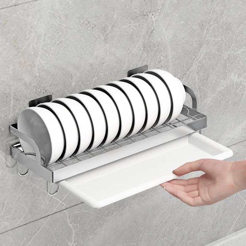 Dish Drying Rack 304 Stainless Steel Wall Mounted Kitchen Organizer Drain Holder Plate Storage Shelf Sink Drainer Cutlery Box