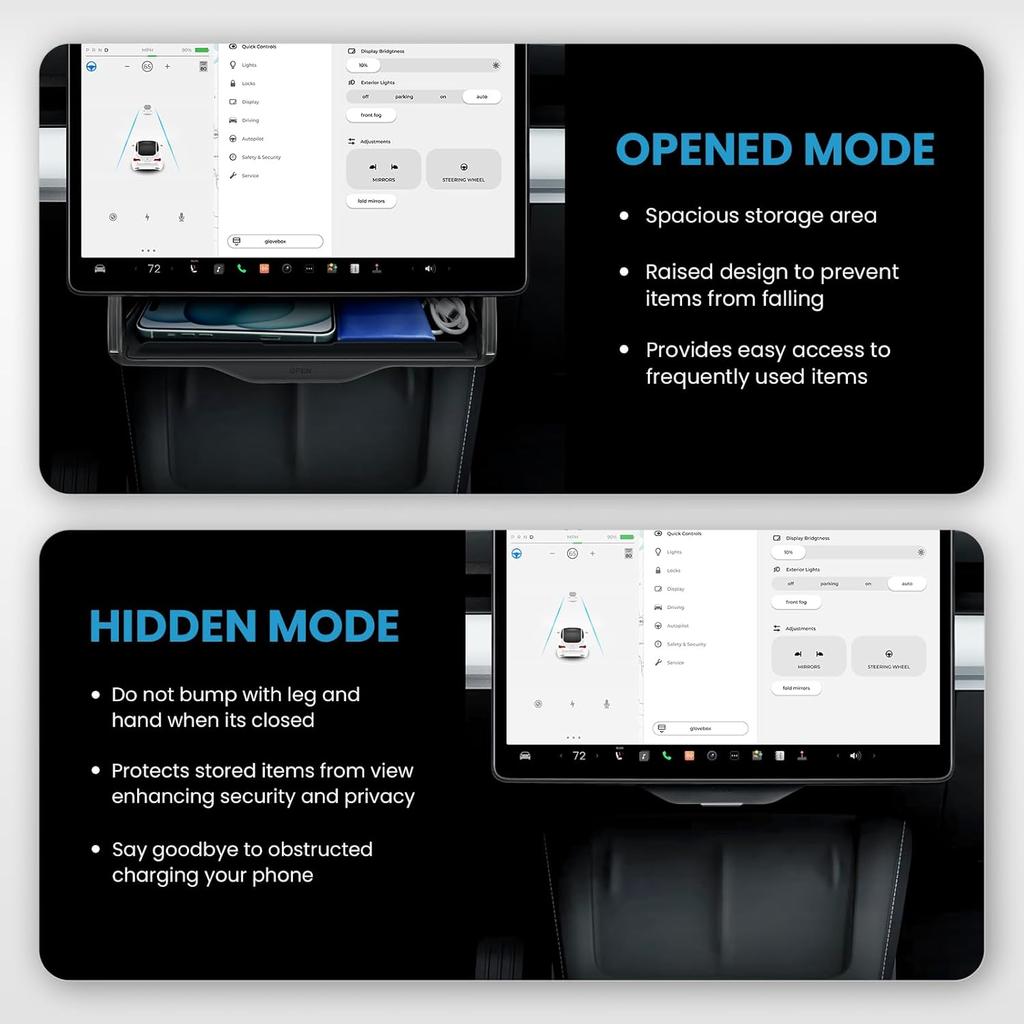 Hideable Under Screen Storage for Tesla Model Y Model 3,Center Console Organizer Tray with Black Anti-Slip Silicone Pad - Model Y 3 Accessories