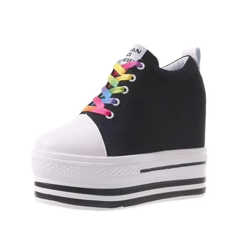 Fashion 10CM Heels Wedge Canvas Shoes Woman High Platform Sneakers Vulcanized Shoes Hidden Heel Height Increasing Casual Shoes