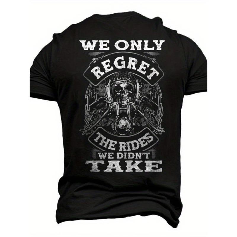 

European sizes Men S Y2K Gothic Motorcycle T-Shirt - Skull & Biker Back Print with We Only Regret The Rides We Didn t Take Slogan, 4XL чорний