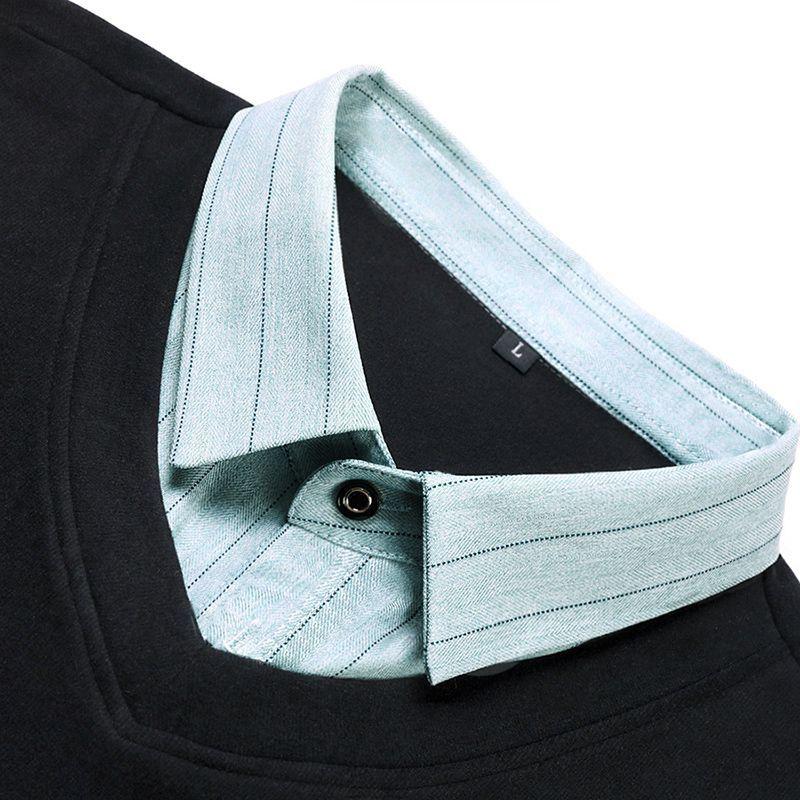 Fake Two Pieces Men Polo Shirts Turn-down Collar Striped Patchwork Business Casual Thermal Long Sleeve Comfortable Knitted Tops