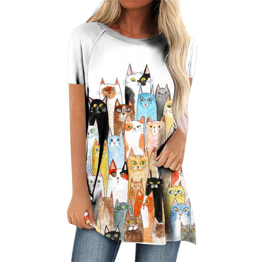 Women's Fashion Casual Short Sleeve Prints Round Neck Pullover Top Blouse