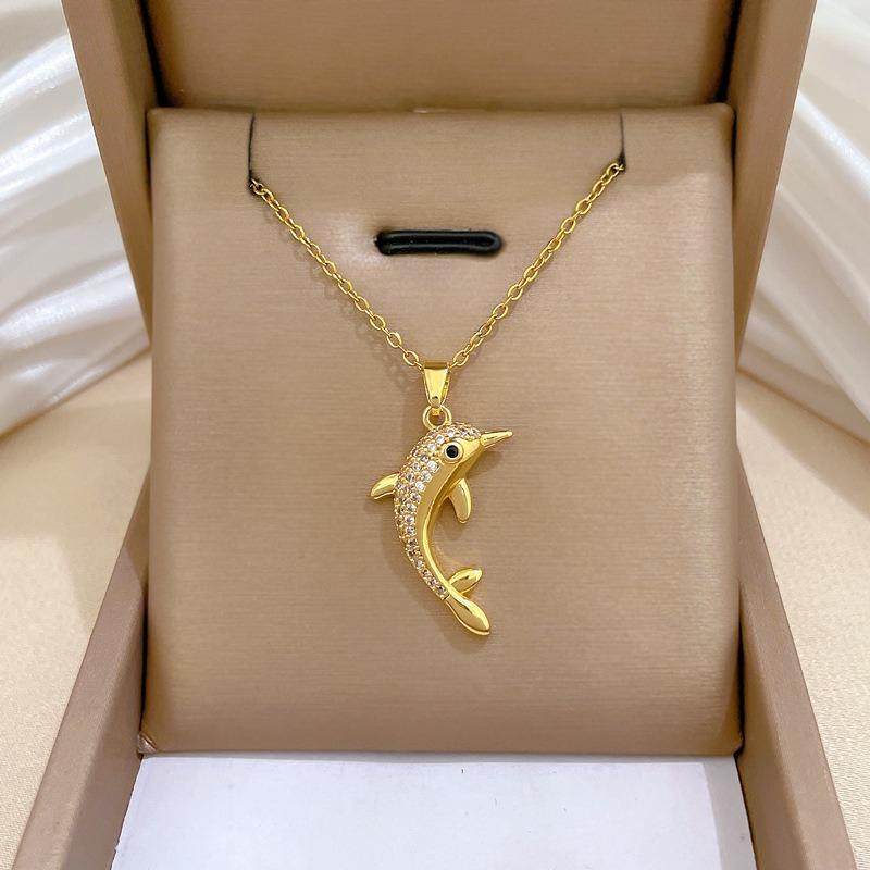 Stainless Steel Chain Necklace Cute Zircon Dolphin Pendant Necklace for Women Girls Gold Color Animal Jewelry Gifts for Lover