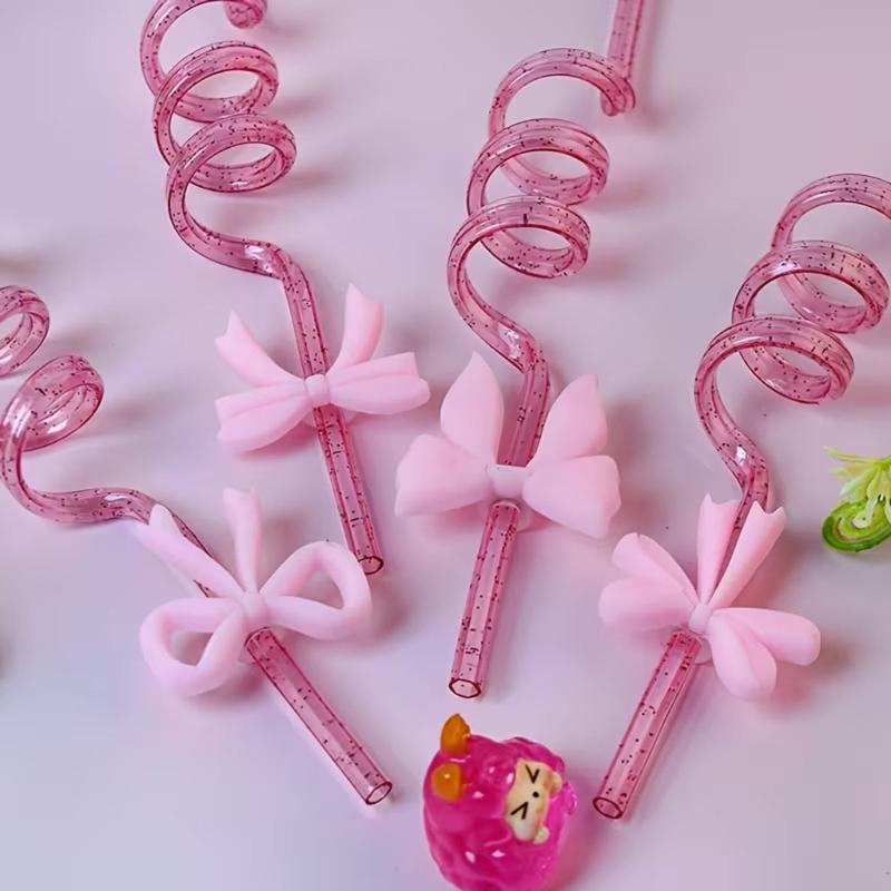 12PCS Pink Decorative Bows Spirals Straw With Detachable Design For Juice Cocktails And Milkshakes