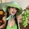 Sweet Plaid Strappy Bucket Hat Korean Version Ins Big Brim Sun Hat Children Fresh and Versatile Double-sided Can Be Worn