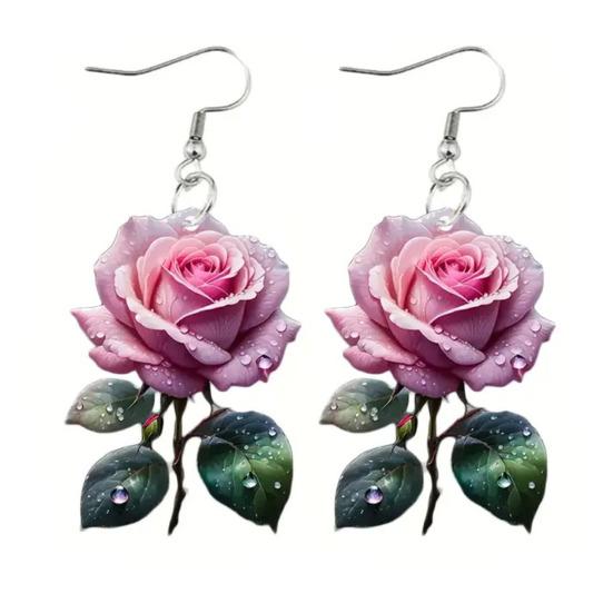 Yousheng 1 Pair Acrylic Rose Dangle Earrings 2D Flower Hook Earrings Hypoallergenic Women Floral Drop Earrings Fashion Jewelry розовый