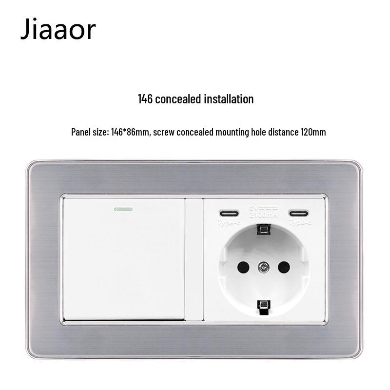 Padrão Europeu Tipo 86 Painel de Interruptor e Tomada de Parede Duplo em Aço Inoxidável com USB-C, Estilo Alemão, Montagem de Parede Embutida.