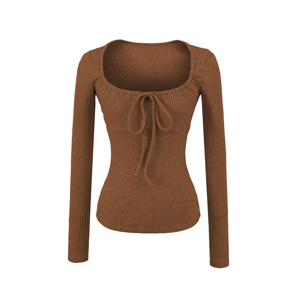 Women's Lace-Up U-Neck Slim Fit Long-Sleeve Ribbed Knit Top for Spring/Autumn