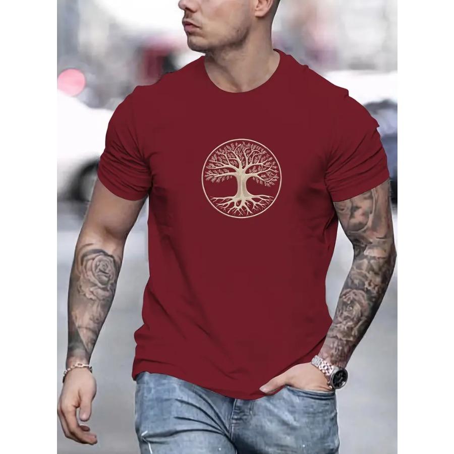 Men's Tree Graphic T-Shirt - 100% Polyester Casual Summer Wear with Round Neckline, Short Sleeves, and Smooth Fabric Texture