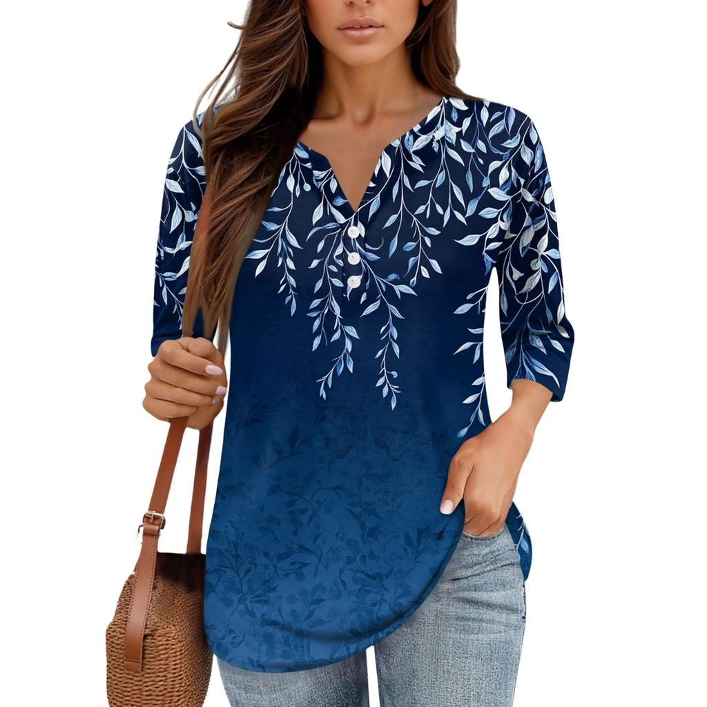 3/4 Length Sleeve Women's Tops Print Vintage Fashion Casual Loose With V Neck Plus Size Shirts Tops