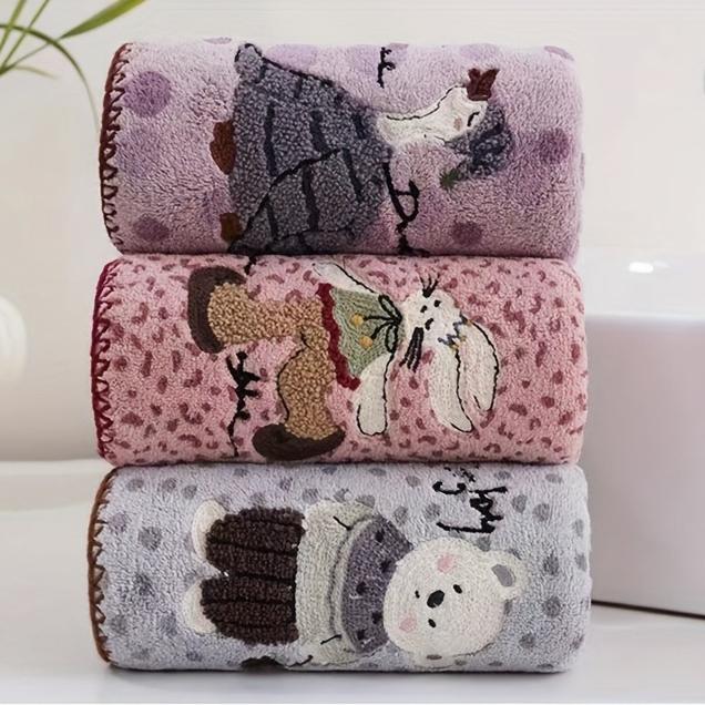 Autumn Winter Thickened Coral Fleece Quick-Dry Towels with Animal Embroidery Polka Dot Soft Bath Towels Set, Thanksgiving Gift Towels, Wash Cloths