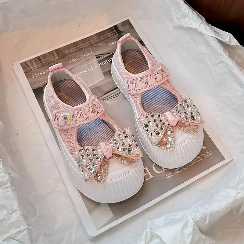 Kids Flat Shoes with Shiny Bow Sweet Girls Princess Shoes Non-slip Soft Sole 2025 New Fashion Children Casual Shoes Breathable
