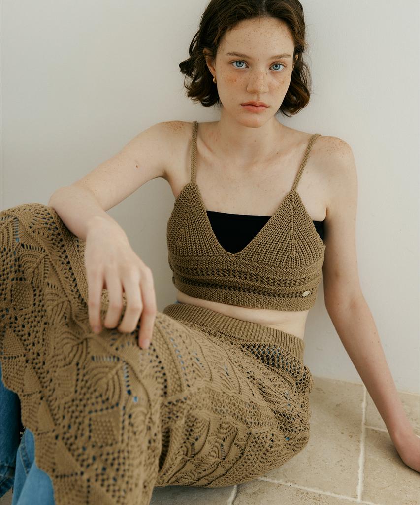 LUCIR ZU Weave Crochet Two-Piece (Top & Skirt) (Brown)