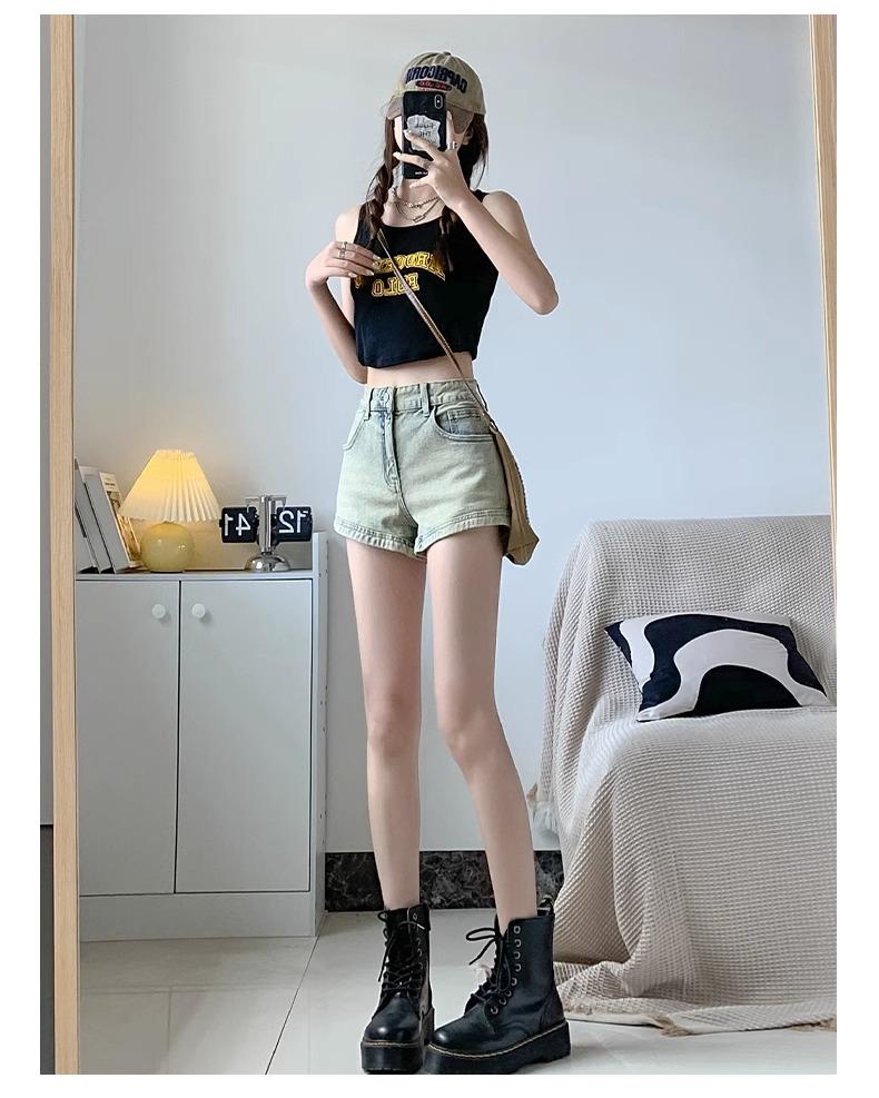 American Spicy Girl Women's High-Waist Denim Shorts, Summer 2024 - Slimming A-line Hot Pants, Washed Finish