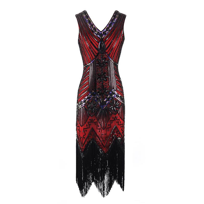 Retro Sequined Beaded Dress Front and Rear Deep V-neck Fashionable Fringed Dress, Popular Evening Dress