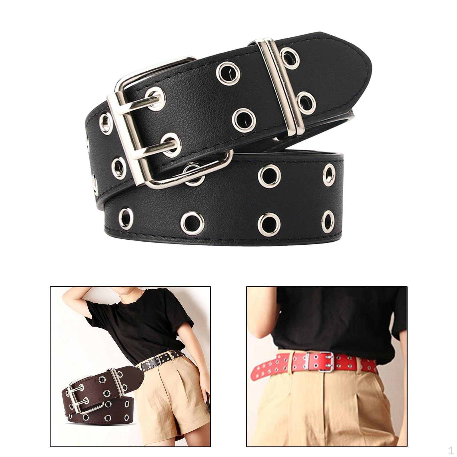 

Double Grommet Belt, Adjustable with for Women Men Vintage PU Leather Jeans Belt Black B