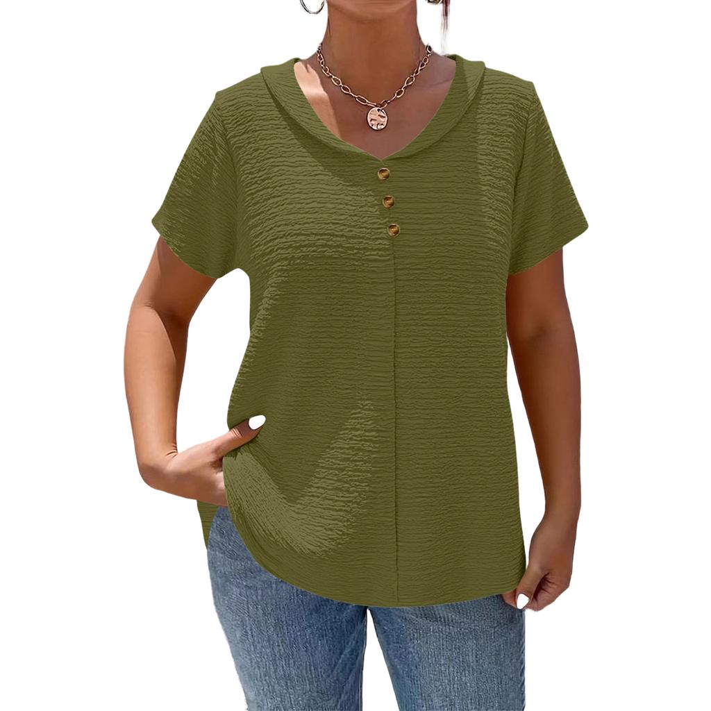Women’s Short Sleeve Blouse with V Neck and Decorative Buttons Loose Fit Casual Top for Daily Wear
