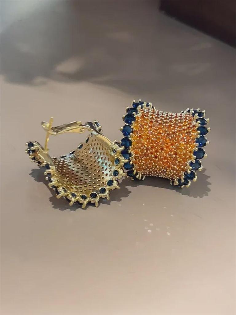 Elegant Heavy-Duty Colored Gemstone Earrings with 925 Silver Needle - Purple and Green Arched Design