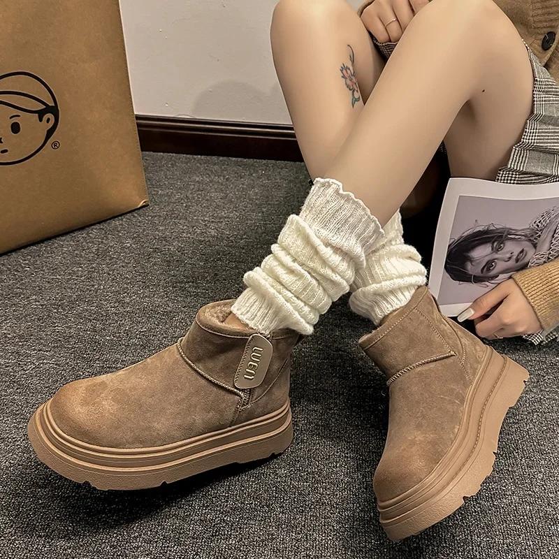 Platform Ankle Snow Boots Women Suede Flats Fur Cotton Shoes Brand Winter Plush Warm Shoes Woman 2025 Trend Fad Cozy Botas Mujer