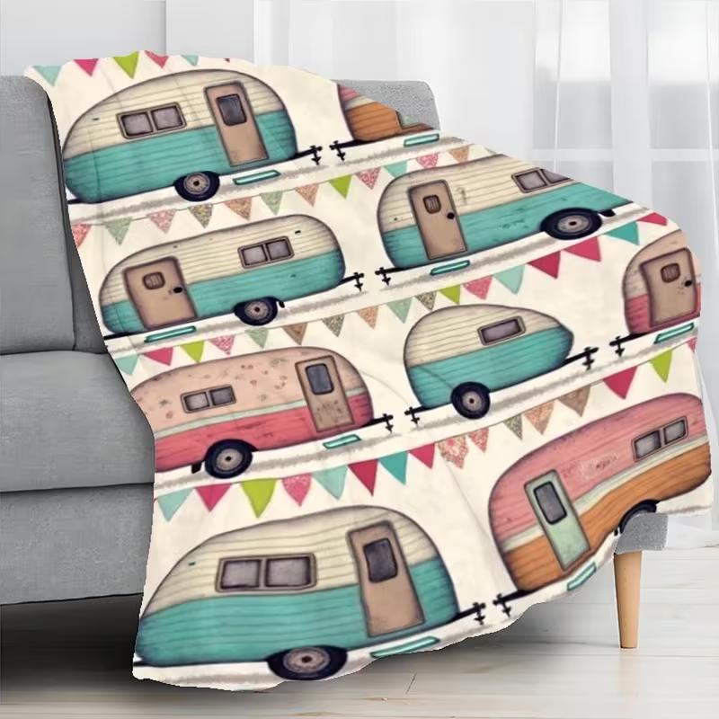 Happy Camper Flanell-Kuscheldecke Gemütlich Weich Warm Camping-Tagesdecke Geeignet für Alle Transporter Bäume Dekorationen Camping-Dekorationen