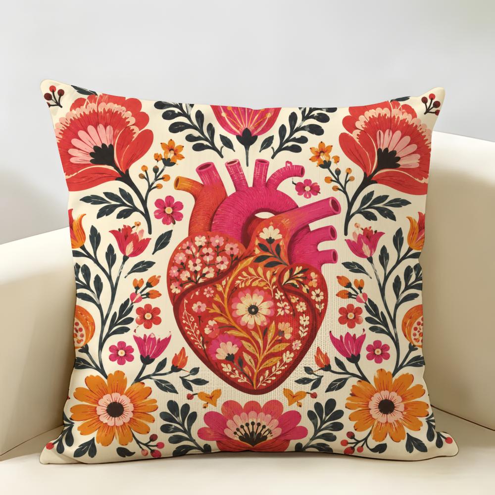 Anatomical Heart Maximalist Floral Art Cushion Cover Durable Hypoallergenic Organic Linen Pillow Cover Washable Skin-Friendly