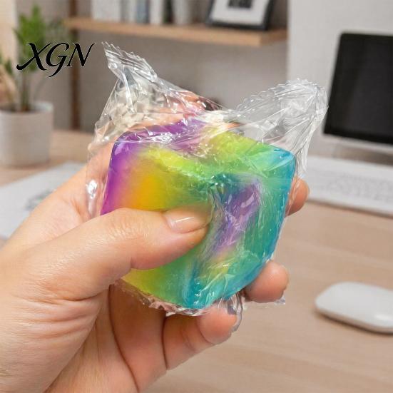 Relaxation Squeeze Ball Rainbow Ice Cube Stress Ball, Transparent Jelly Fidget Toy Soft Glue for Anxiety Relief, TPR Decompression Kids Adults