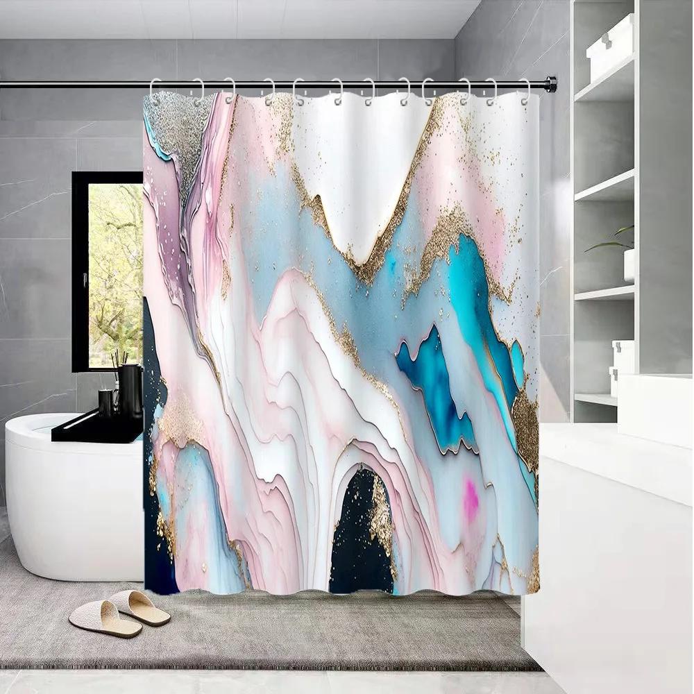 ~O~Nordic Luxury Marble Shower Curtain - Water-Resistant Polyester,Eyelets, Artistic Bath Decor,Advanced Color Flower-Golden Des