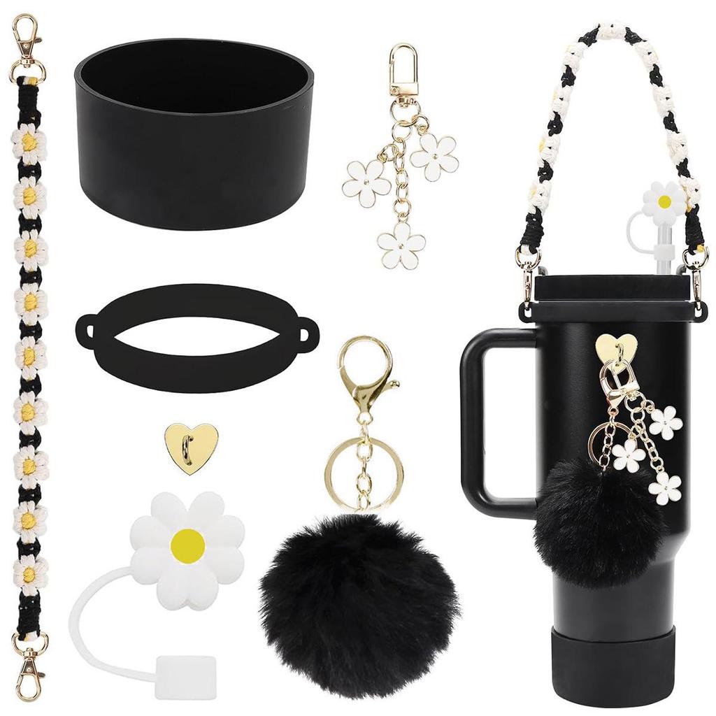 Stanley Water Bottle Accessory Set: Floral Straw Cap with Hand-Woven Rope & Silicone Sleeve for IceFlow Cup