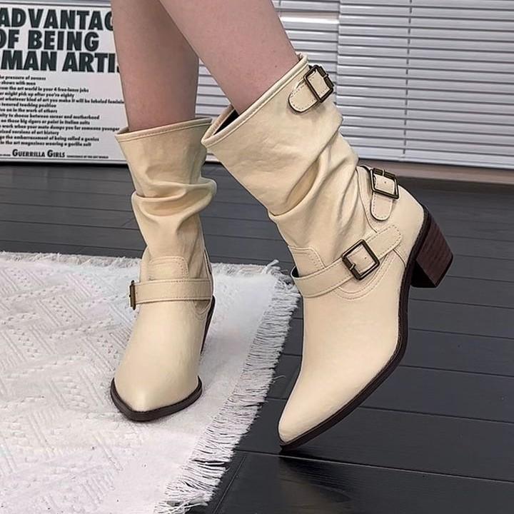 Korean Atmosphere, White High-heeled Thin Short Boots, Women's Autumn and Winter Versatile Pointed Boots, Absolutely Unique, Thick-heeled Medium Boots