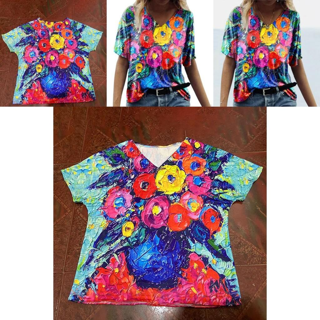 Summer Casual T Shirt With Floral Print And V Neck For Women