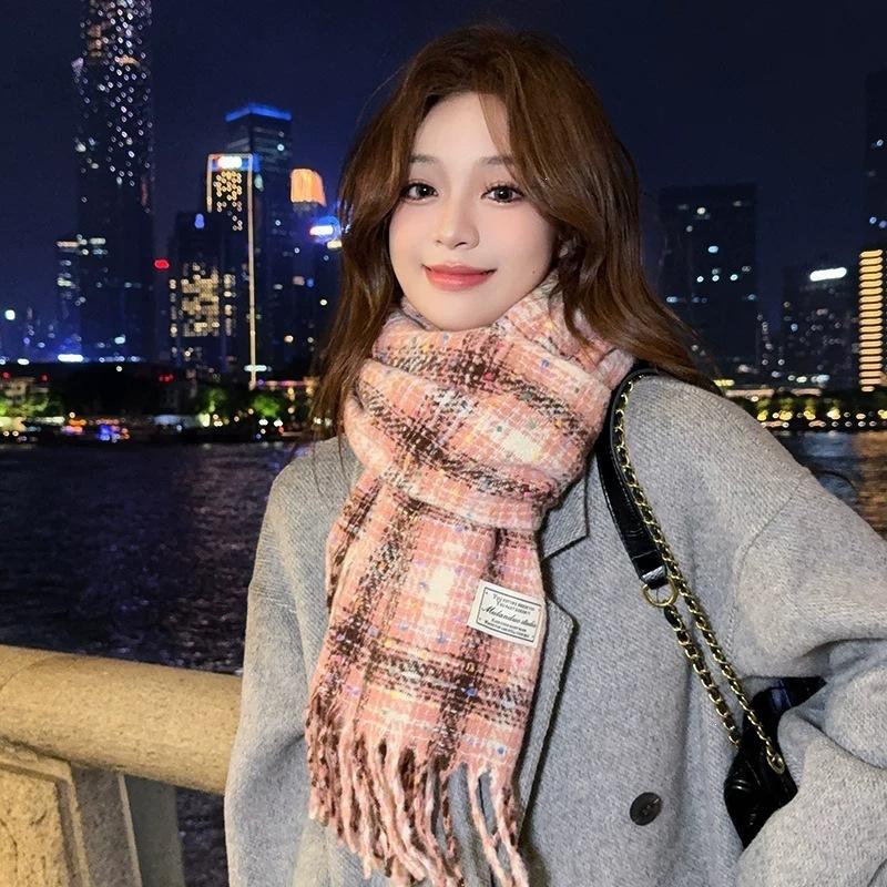 Mohair plaid scarf women's winter sea salt milk coffee blue thickened atmosphere warm student shawl scarf