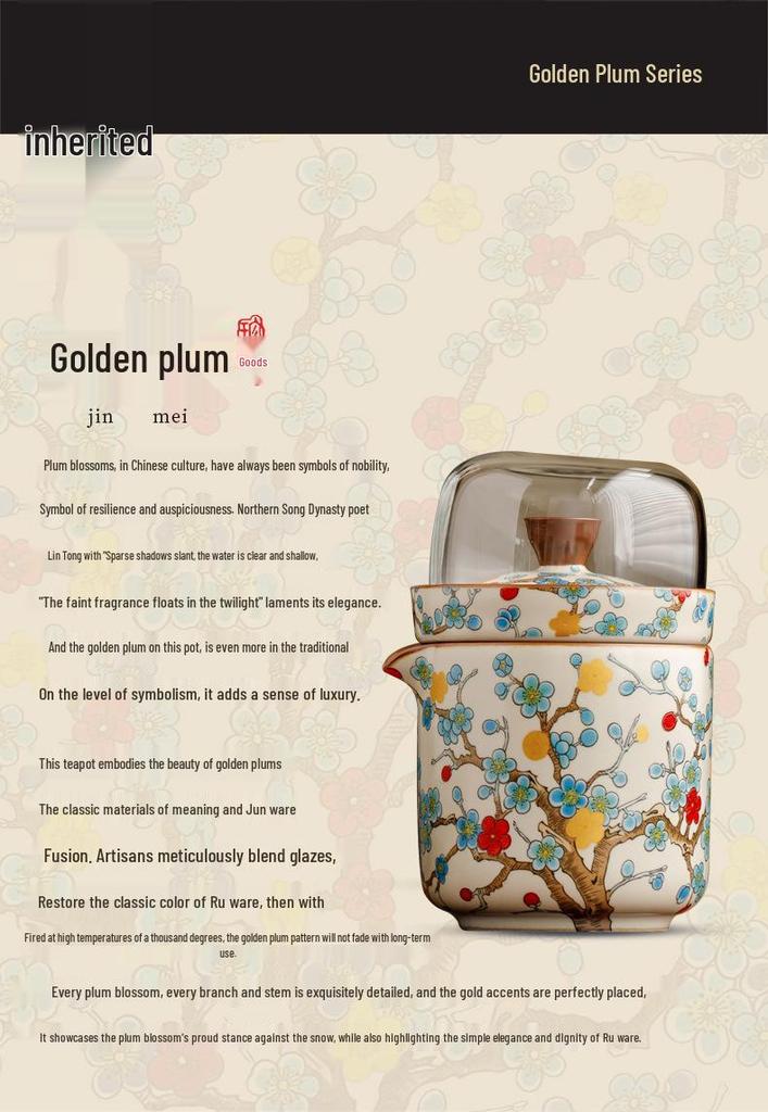 Golden Plum Ru Kiln Portable Tea Set: Quick-Brew Pot with Four Cups for Outdoor Camping and Kung Fu Tea