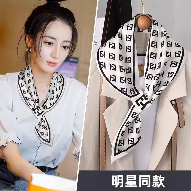 Printed spring new ear silk scarf Korean version double-sided small ear scarf interspersed with streamer women's versatile neck protector
