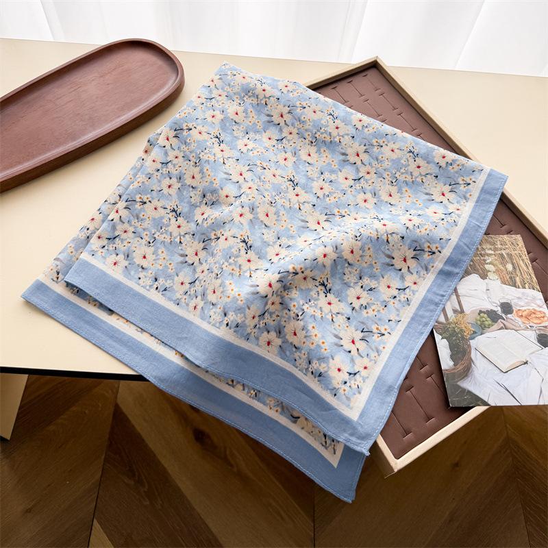 Fresh Floral Printed Cotton Small Square Scarf For Women