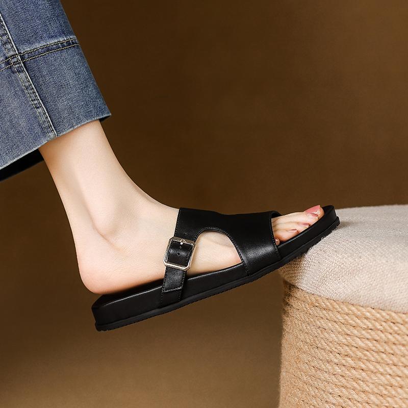 

Fashion 2025 New Summer Women Sandals Genuine Leather Women Shoes Open Toe Med Heel Shoes Slippers Beach Modern Slippers Flat With 34 чёрный