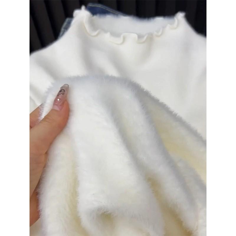Womens Thick Knit Turtleneck Sweater With Ruffle Detail Warm Inner Top Winter