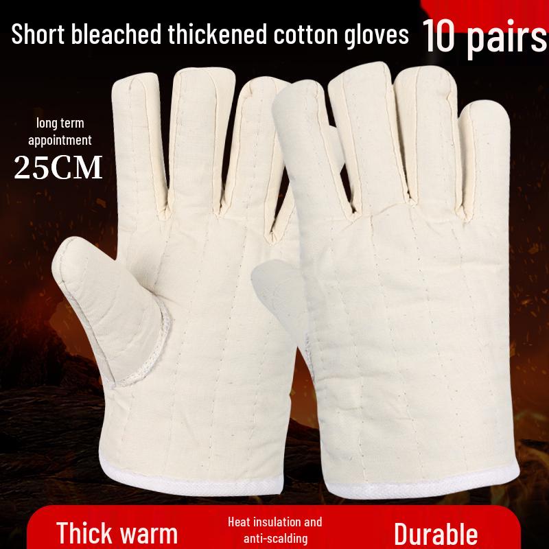 White Heat-Resistant Cotton Gloves: Anti-Scald, High-Temperature Protection, Five-Finger Design, Thickened for Kitchen and Winter Use.