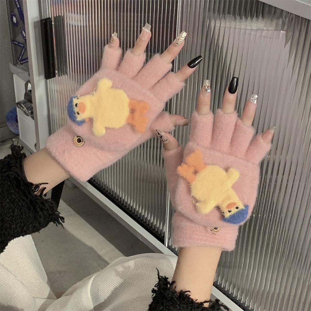 Duck Flip Plush Gloves Cartoon Winter Mittens Cute Half Finger Gloves  Writting