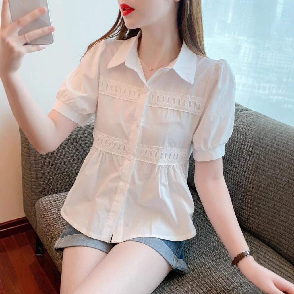 Women's Shirt Bubble Short Sleeved Shirt Shoulder T-shirt Summer Chic Shirt French Short Top